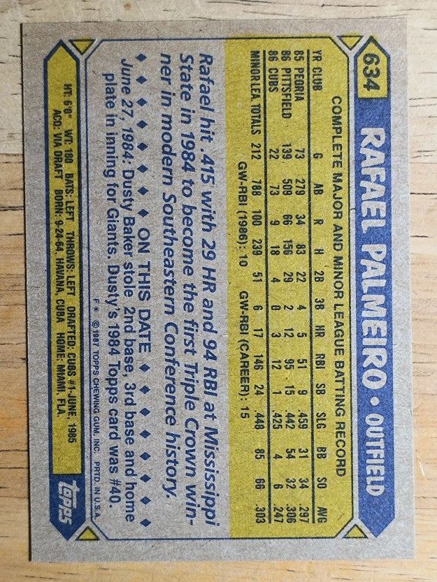 1987 Topps #634 Rafael Palmeiro RC