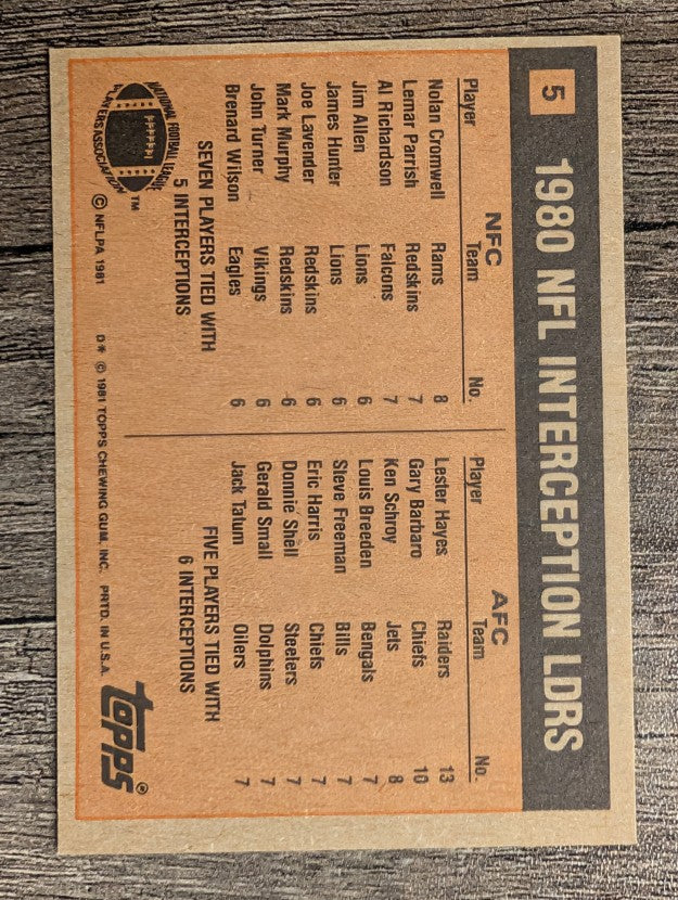 1981 Topps #5 Interception Leaders/Nolan Cromwell/Lester Hayes