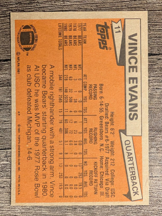 1981 Topps #11 Vince Evans RC