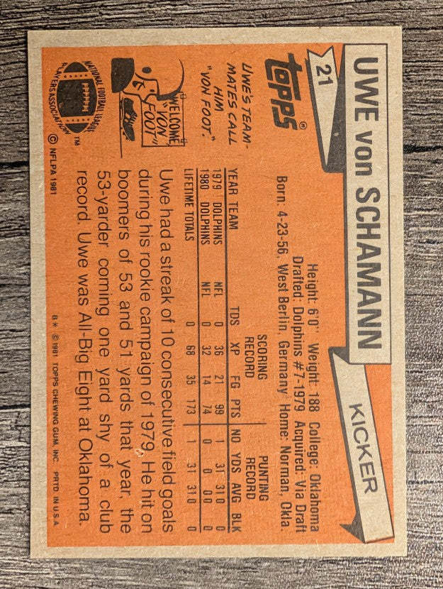 1981 Topps #21 Uwe Von Schamann