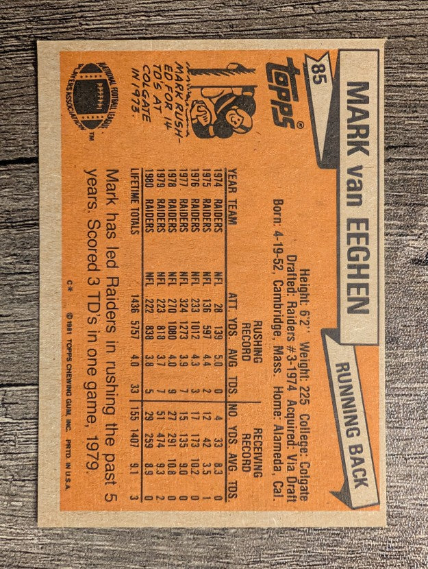 1981 Topps #85 Mark Van Eeghen