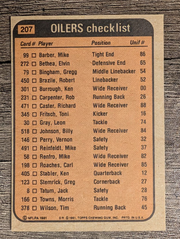 1981 Topps #207 Carl Roaches/Mike Barber/Jack Tatum/Jesse Baker/Robert Brazile