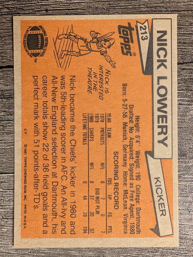 1981 Topps #213 Nick Lowery RC