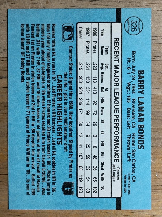 1988 Donruss #326 Barry Bonds
