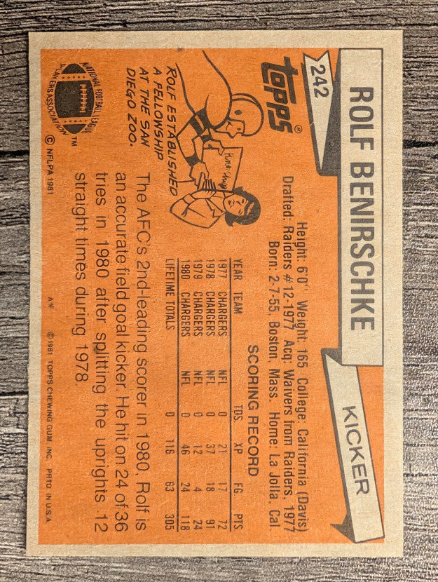 1981 Topps #242 Rolf Benirschke