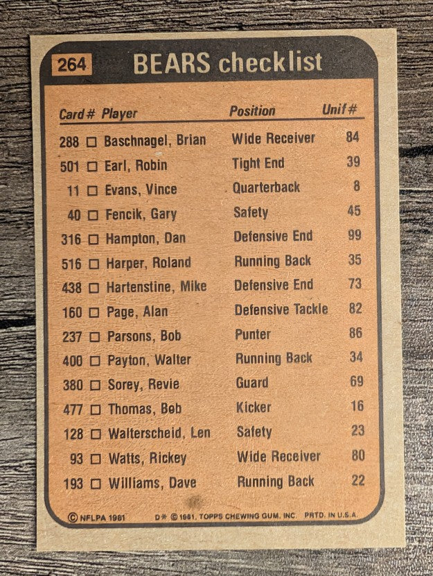 1981 Topps #264 Walter Payton/James Scott/Len Walterscheid/Dan Hampton
