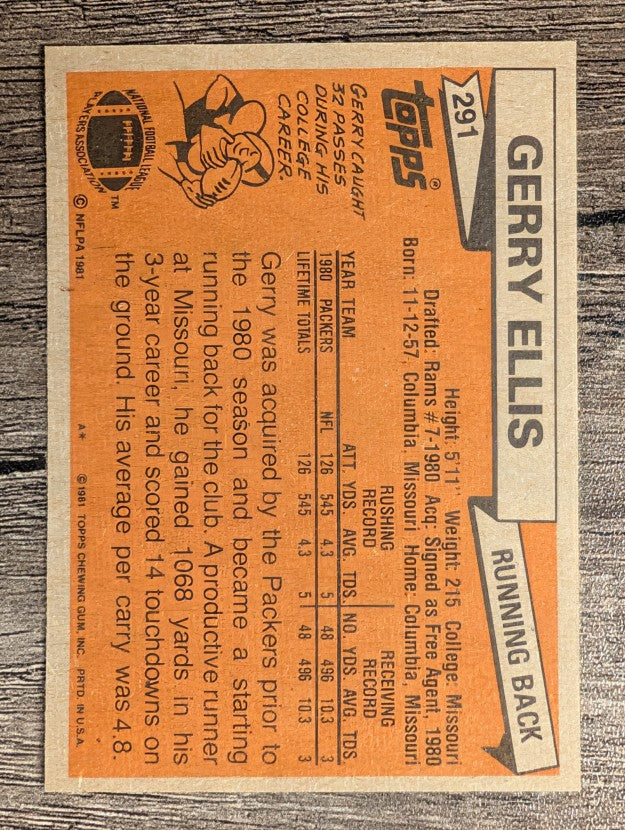 1981 Topps #291 Gerry Ellis RC