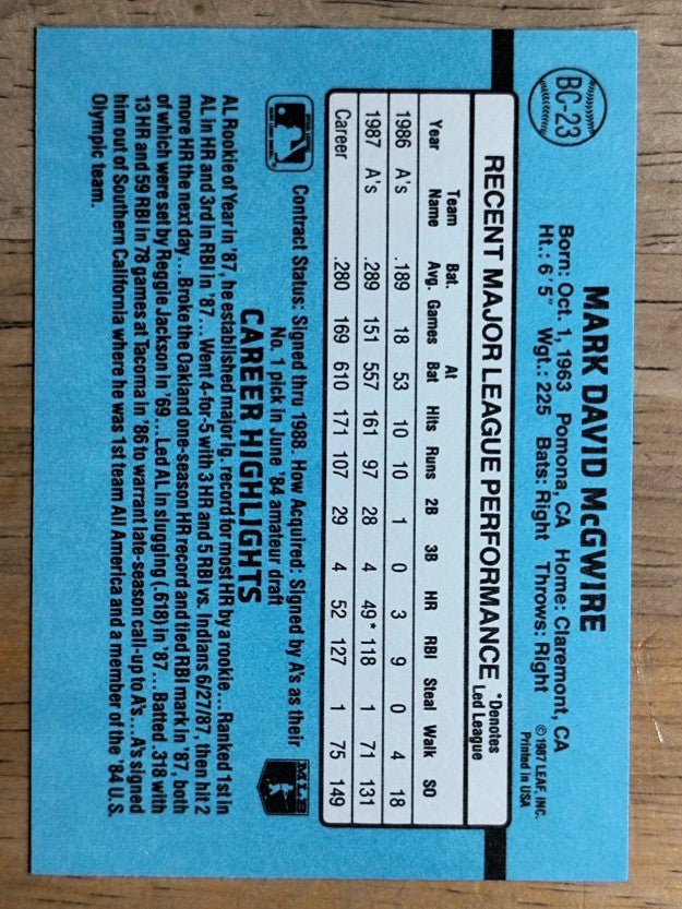 1988 Donruss Bonus MVP's #BC23 Mark McGwire SP