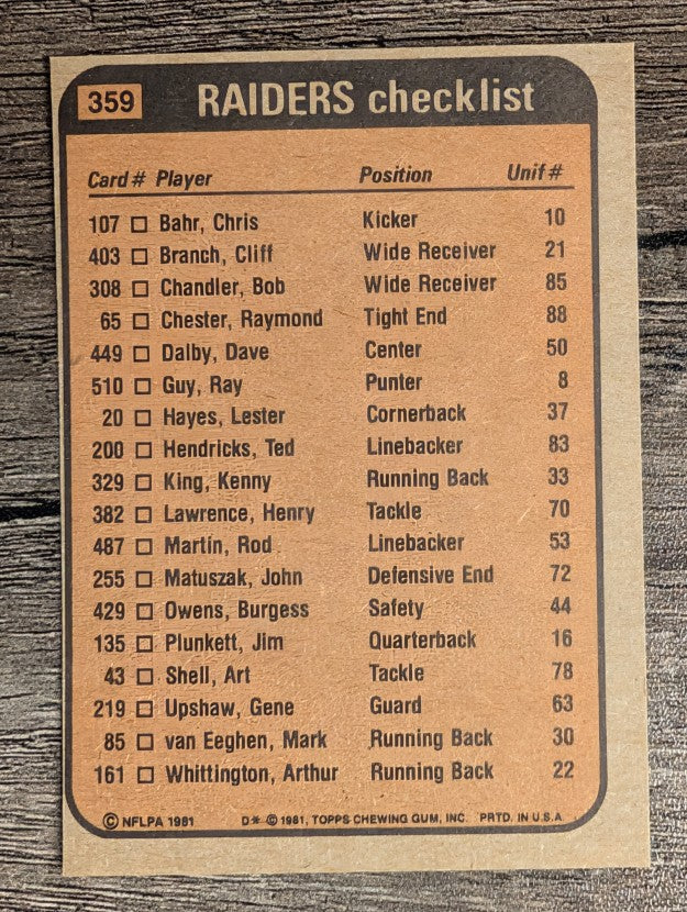 1981 Topps #359 M.Eeghen/Cliff Branch/Lester Hayes/Cedrick Hardman/Ted Hendricks