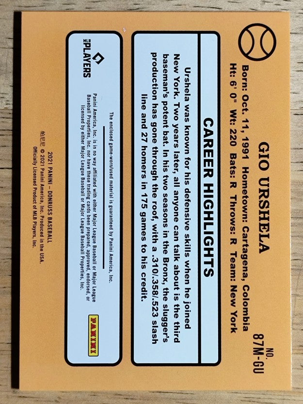 2021 Donruss Retro '87 Materials #87MGU Gio Urshela