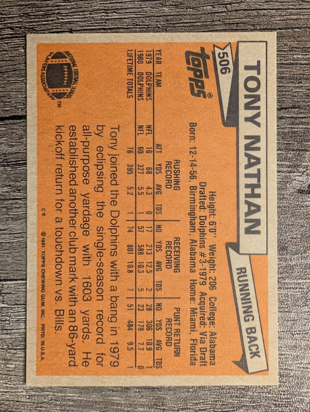 1981 Topps #506 Tony Nathan RC