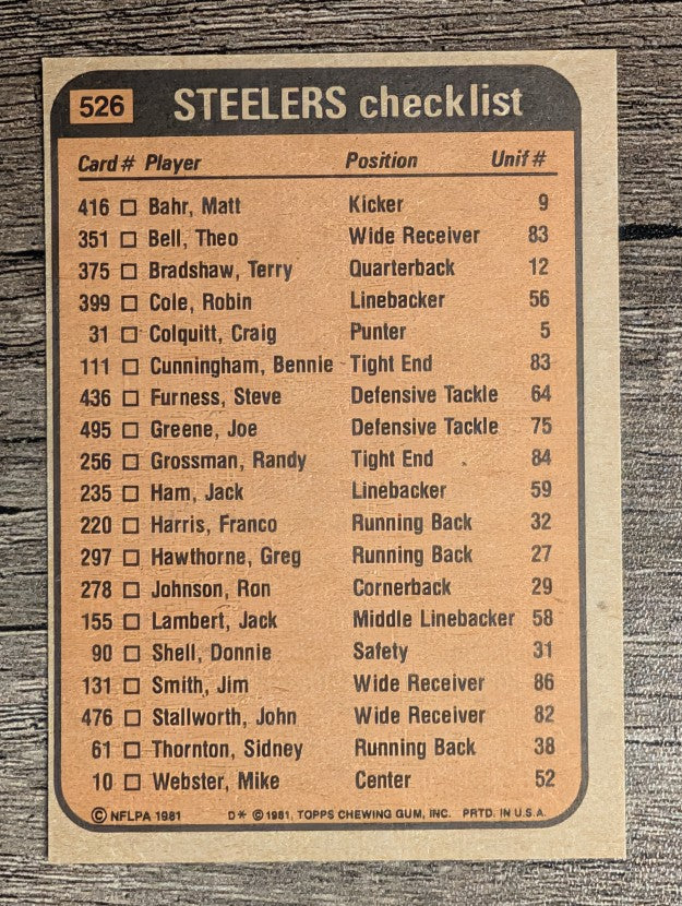 1981 Topps #526 Franco Harris/Theo Bell/Donnie Shell/L.C. Greenwood