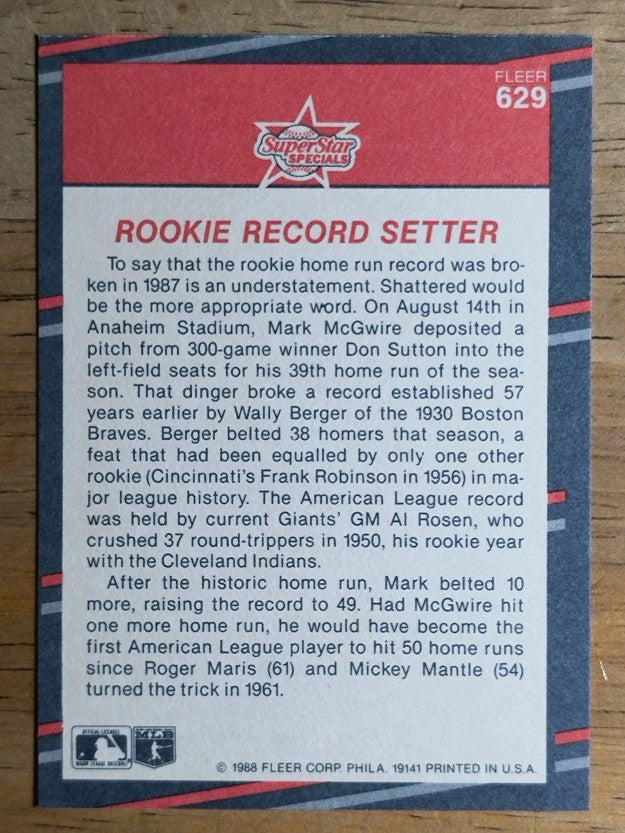 1988 Fleer #629 Mark McGwire HL