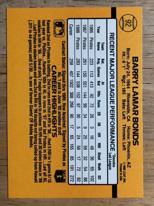 1989 Donruss #92 Barry Bonds