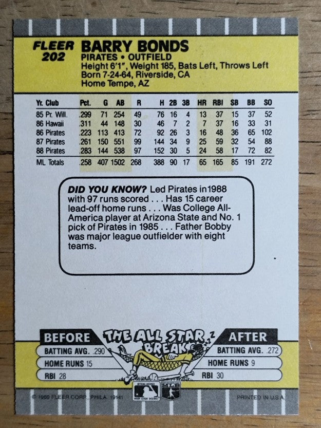 1989 Fleer #202 Barry Bonds