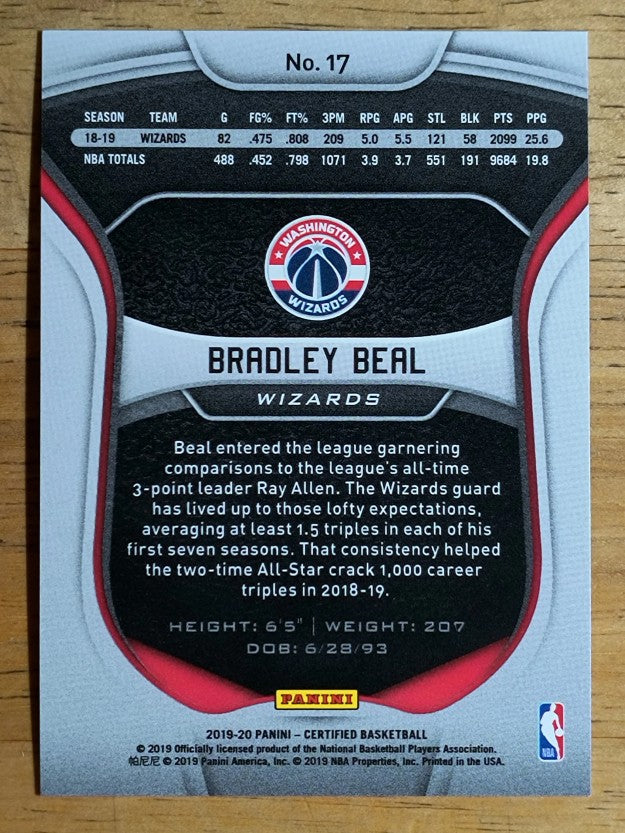 2019-20 Certified Mirror Blue #17 Bradley Beal