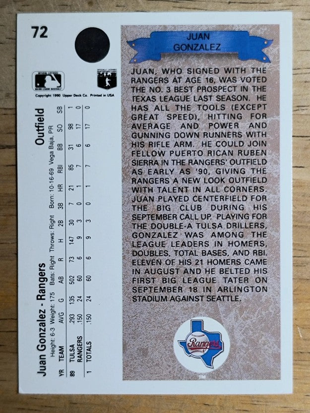 1990 Upper Deck #72 Juan Gonzalez RC