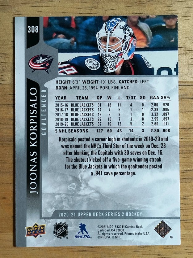 2020-21 Upper Deck #308 Joonas Korpisalo