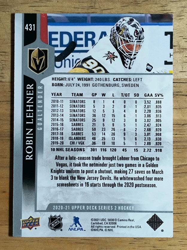 2020-21 Upper Deck #431 Robin Lehner