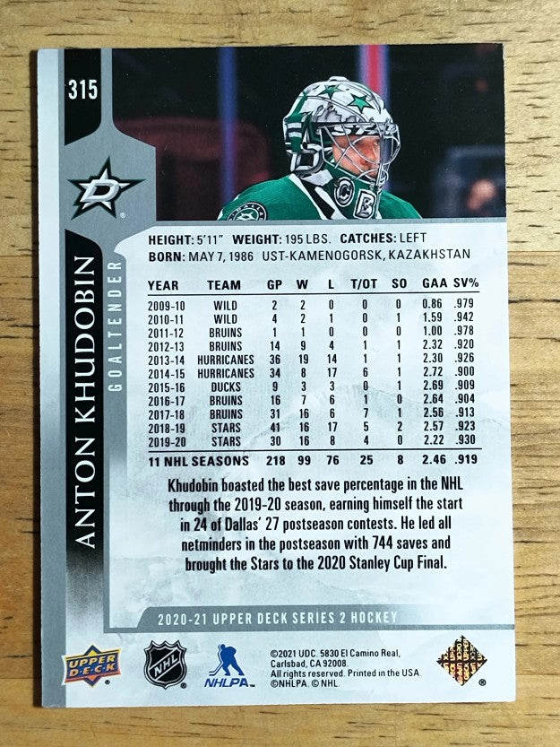 2020-21 Upper Deck #315 Anton Khudobin