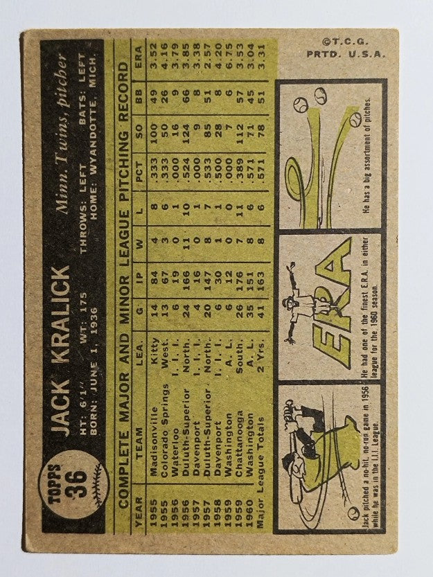 1961 Topps #36 Jack Kralick RC (VGEX)
