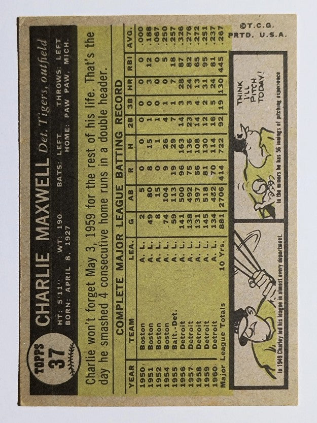 1961 Topps #37 Charley Maxwell (EX)