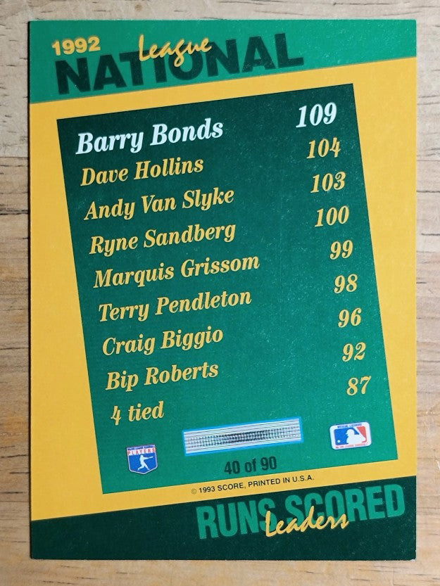 1993 Select Stat Leaders #40 Barry Bonds