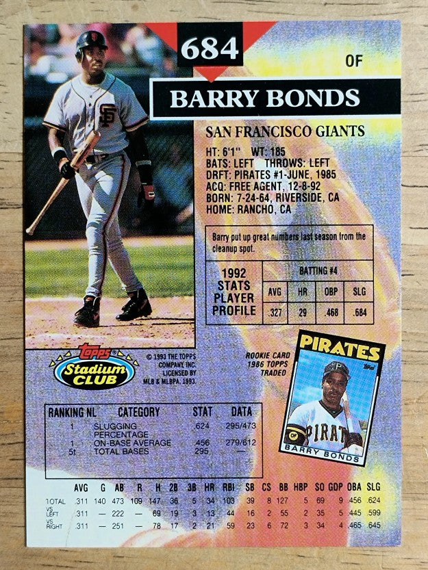 1993 Stadium Club #684 Barry Bonds