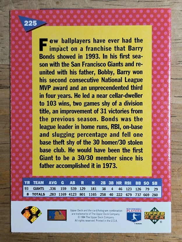 1994 Fun Pack #225 Barry Bonds FOLD