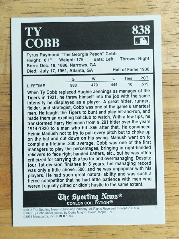 1993 Conlon TSN #838 Ty Cobb