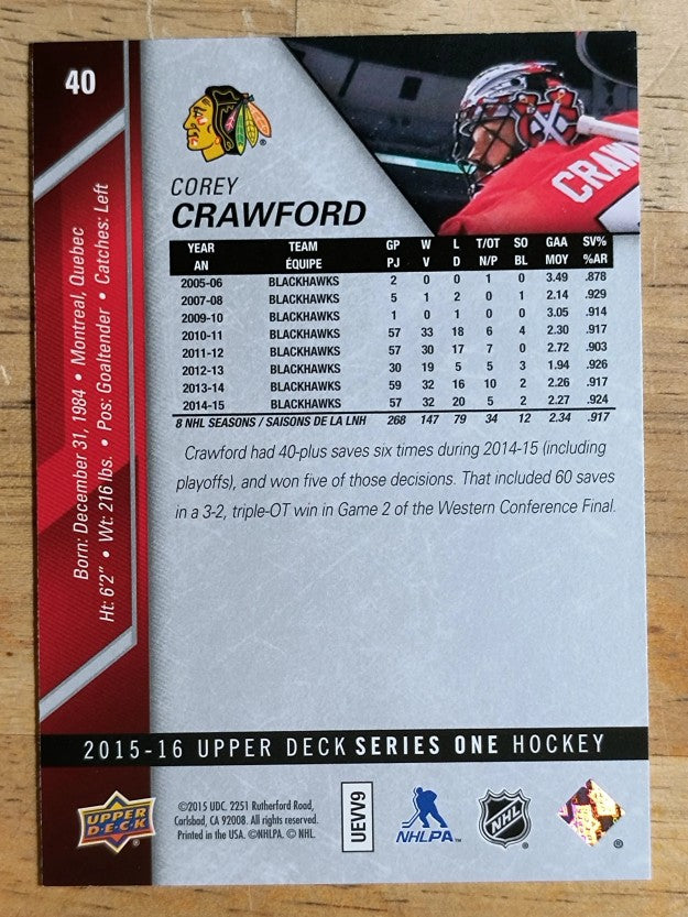 2015-16 Upper Deck #40 Corey Crawford