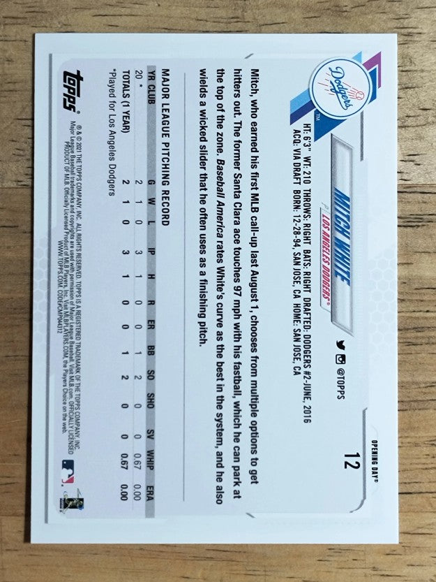 2021 Topps Opening Day #12 Mitch White RC