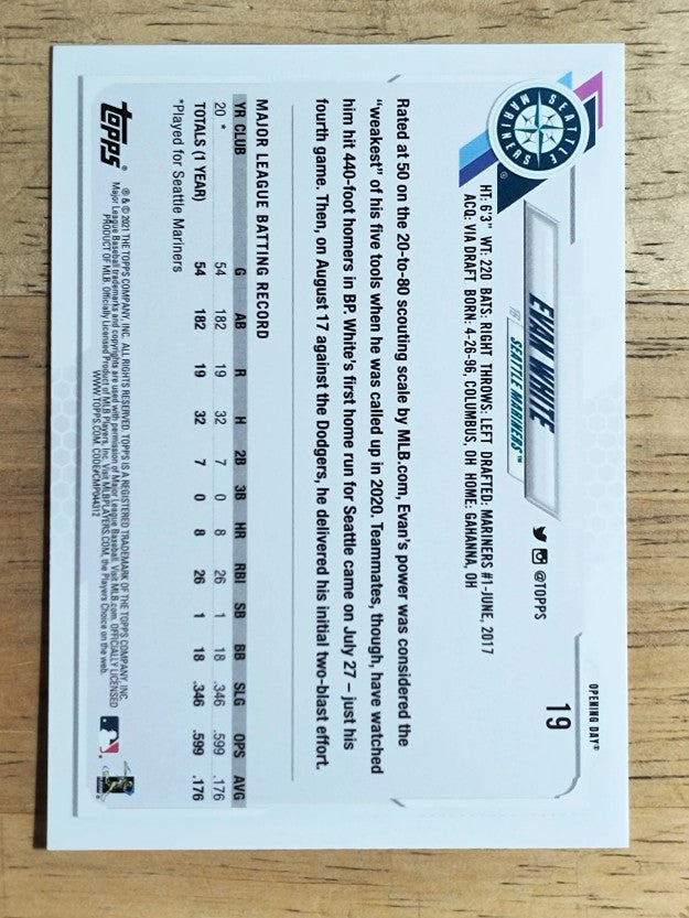 2021 Topps Opening Day #19 Evan White RC
