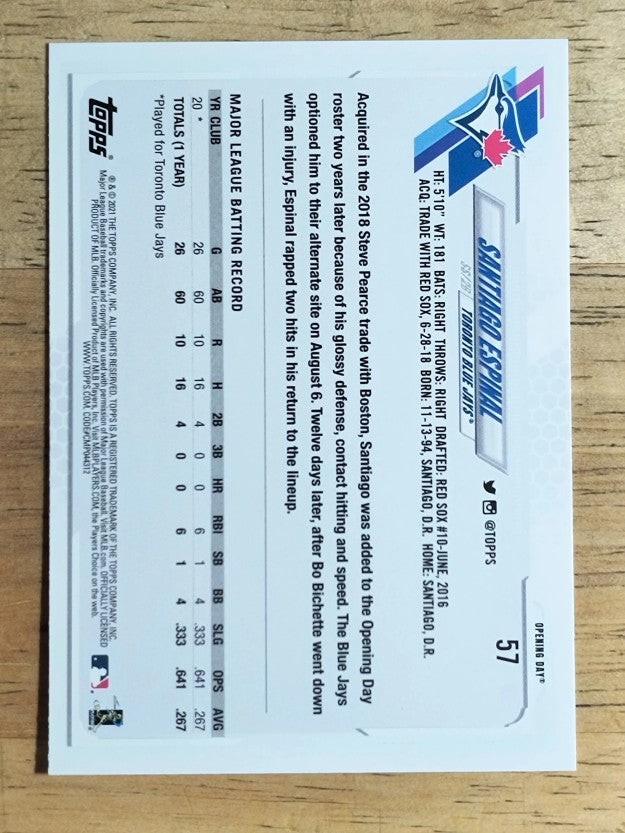 2021 Topps Opening Day #57 Santiago Espinal RC