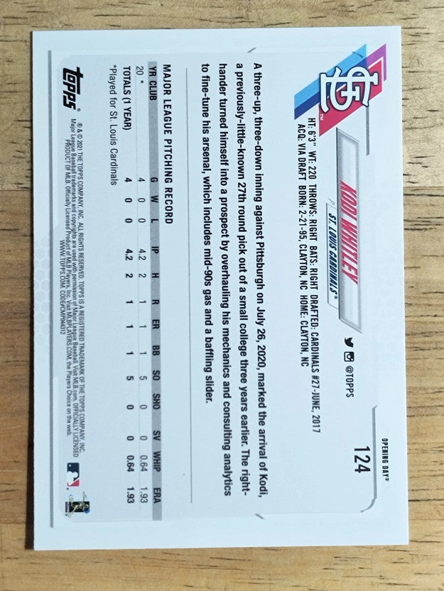 2021 Topps Opening Day #124 Kodi Whitley RC