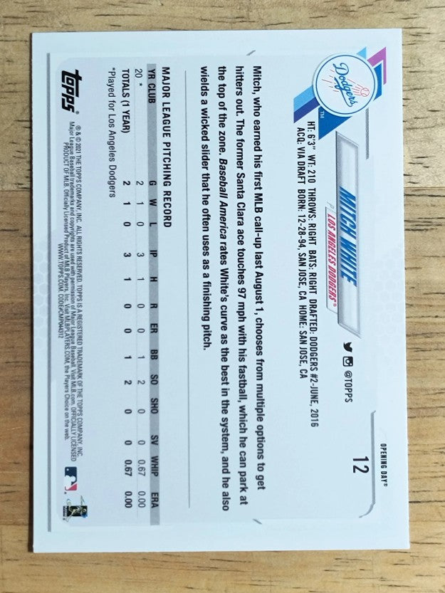 2021 Topps Opening Day #12 Mitch White RC