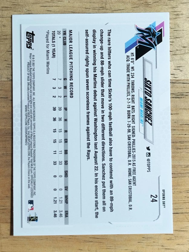 2021 Topps Opening Day #24 Sixto Sanchez RC