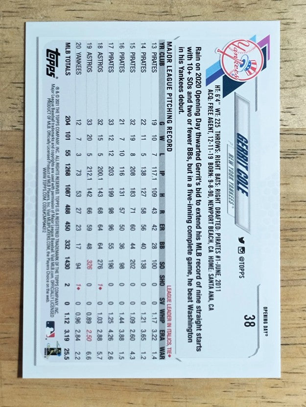 2021 Topps Opening Day #38 Gerrit Cole
