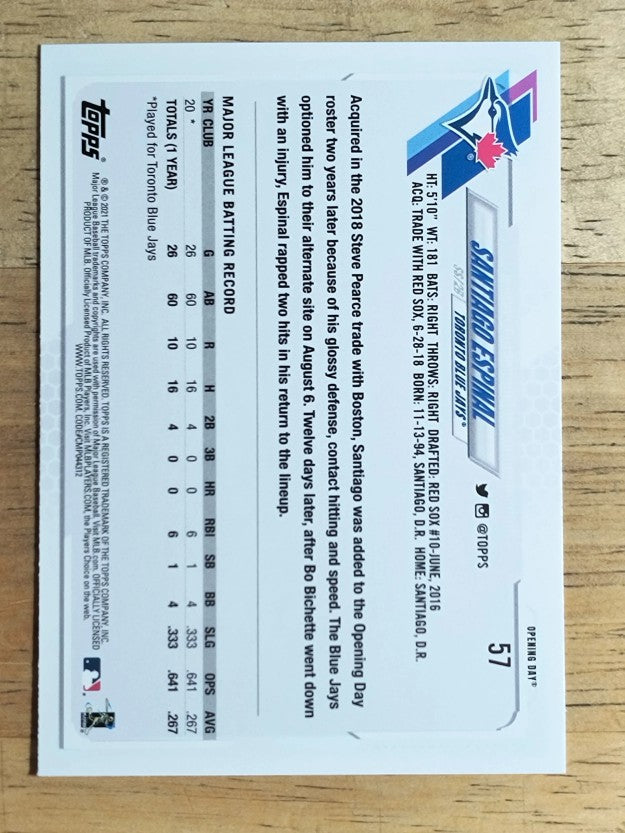 2021 Topps Opening Day #57 Santiago Espinal RC