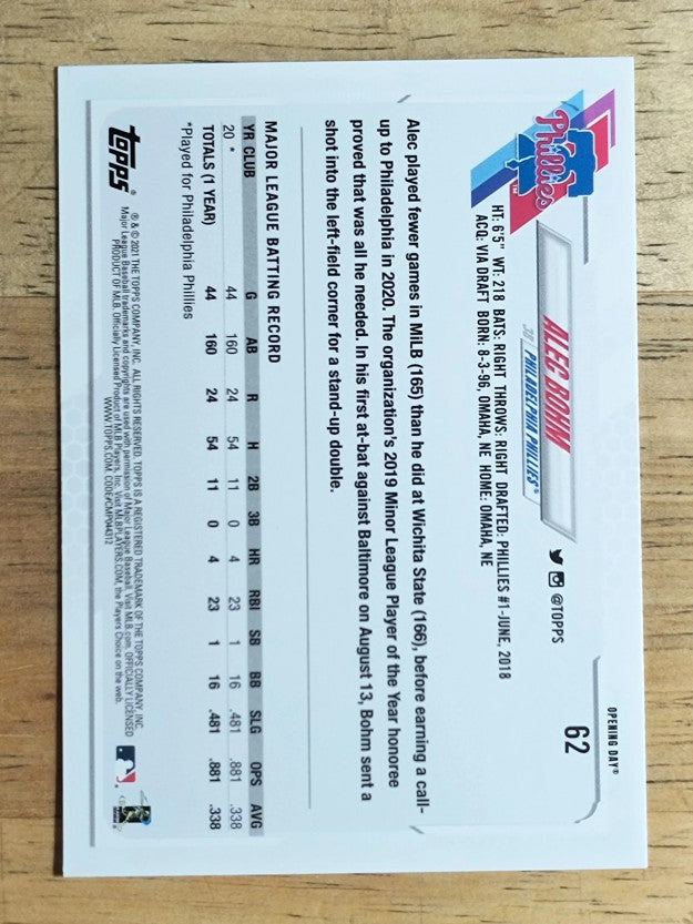 2021 Topps Opening Day #62 Alec Bohm RC