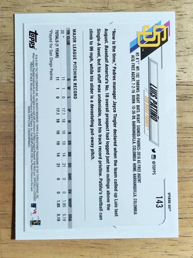2021 Topps Opening Day #143 Luis Patino RC