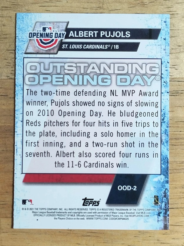2021 Topps Opening Day Outstanding Opening Days #OOD2 Albert Pujols