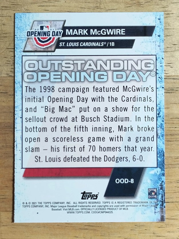 2021 Topps Opening Day Outstanding Opening Days #OOD8 Mark McGwire