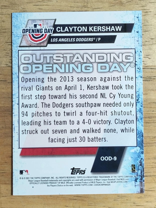 2021 Topps Opening Day Outstanding Opening Days #OOD9 Clayton Kershaw
