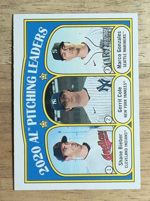 2021 Topps Heritage #94 Gerrit Cole/Marco Gonzales/Shane Bieber LL