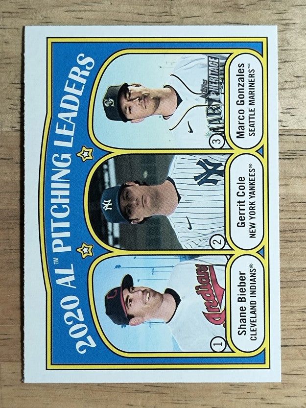 2021 Topps Heritage #94 Gerrit Cole/Marco Gonzales/Shane Bieber LL