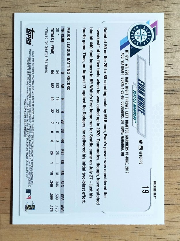 2021 Topps Opening Day #19 Evan White RC