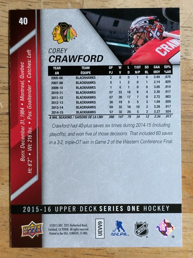 2015-16 Upper Deck #40 Corey Crawford