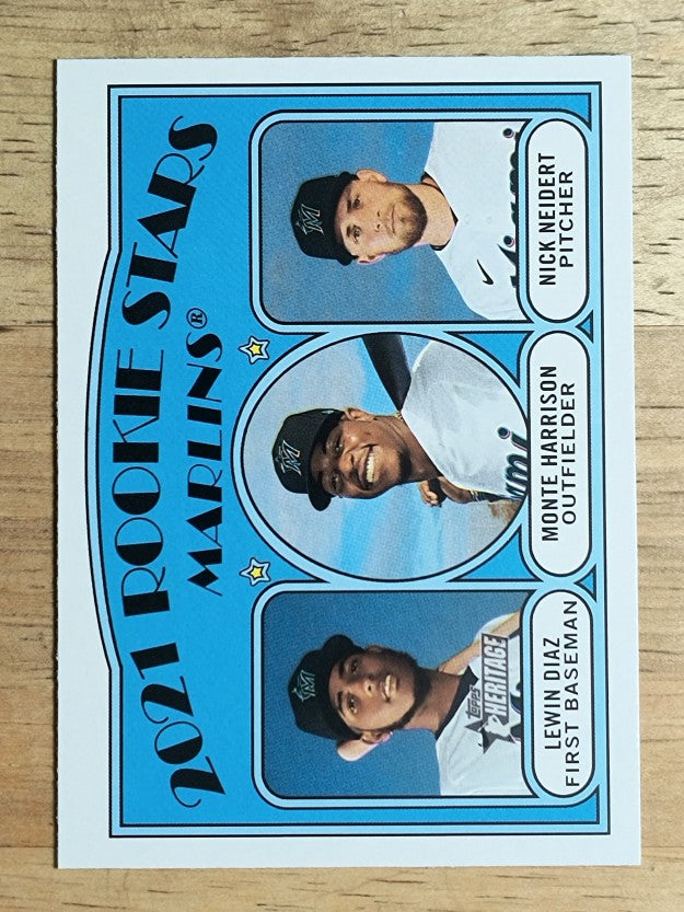2021 Topps Heritage #209 Lewin Diaz RC/Monte Harrison RC/Nick Neidert RC