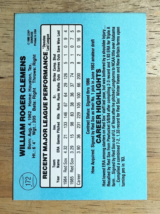 1986 Donruss #172 Roger Clemens